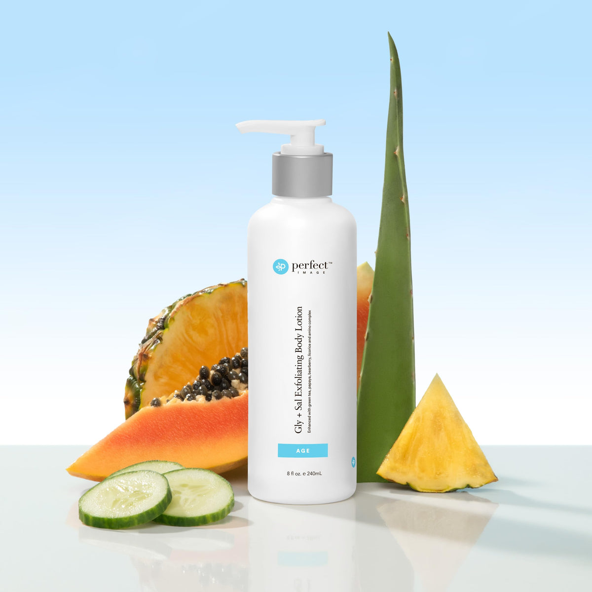 Perfect Image Gly + Sal Exfoliating Lotion texture swirl; hints at even tone.