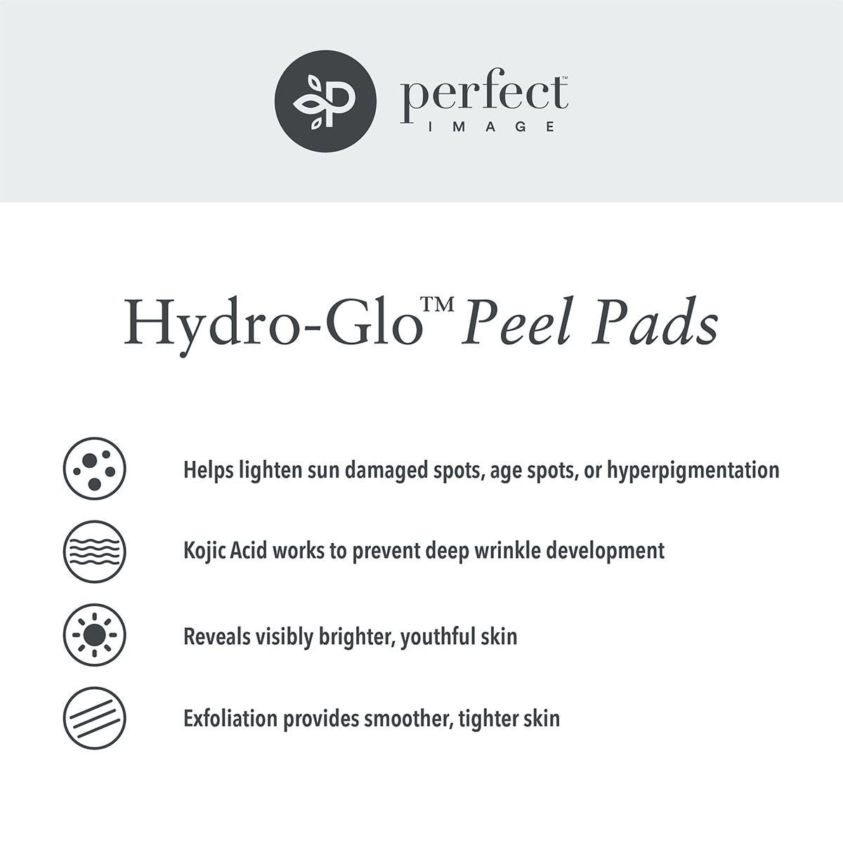 Perfect Image Hydro-Glo Peel Pads close-up highlighting exfoliation and brightening potential.
