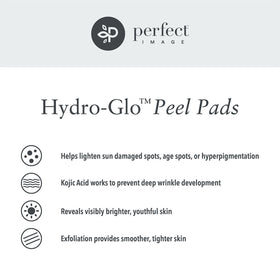 Perfect Image Hydro-Glo Peel Pads close-up highlighting exfoliation and brightening potential.