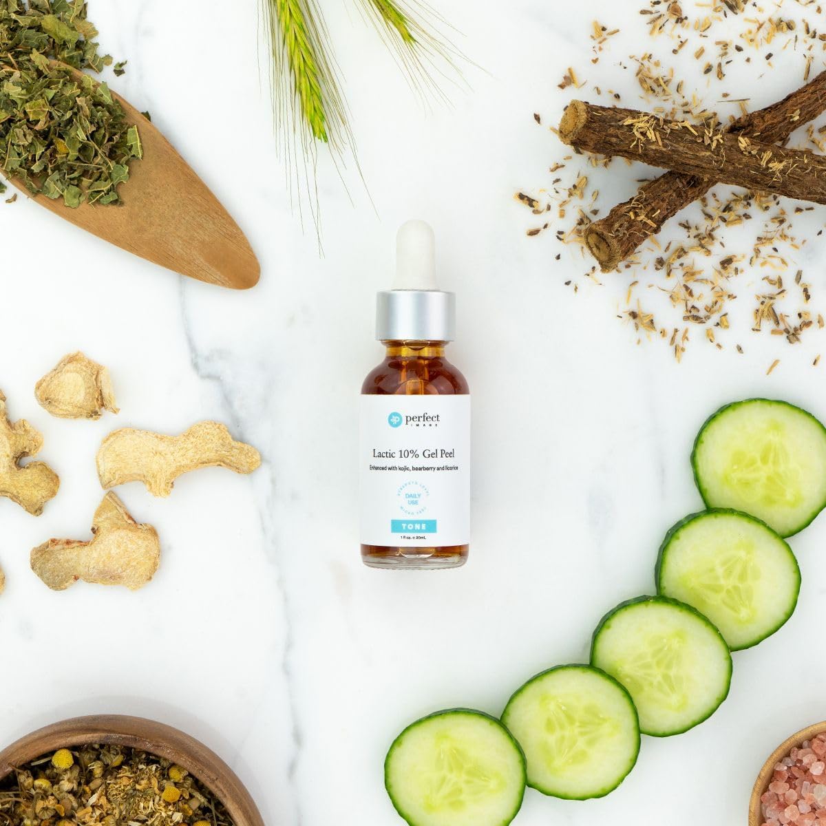 Perfect Image Lactic Gel Peel bottle closeup for convenient home treatment