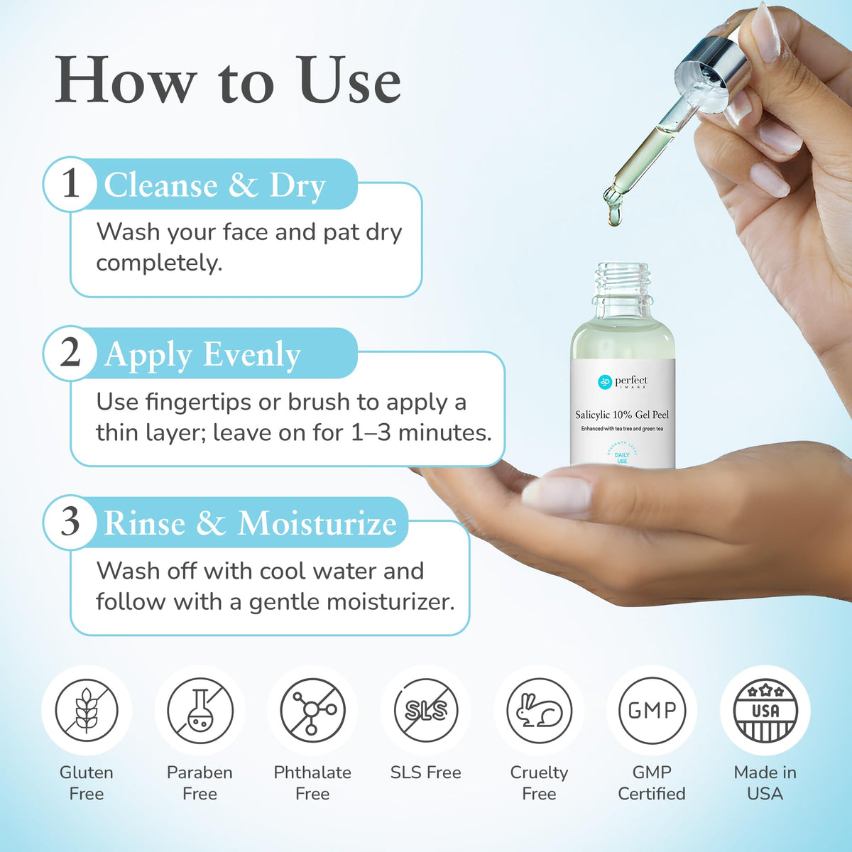 Aftercare concept for refreshed skin using Perfect Image Salicylic 10% Gel Peel