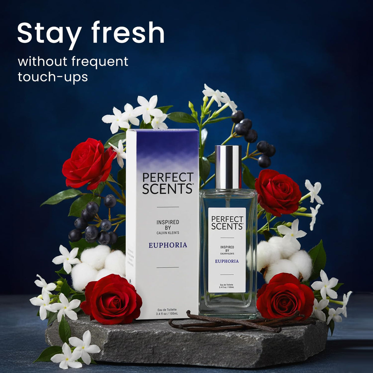 Perfect Scents bottle-label closeup highlights cruelty-free, paraben-free credentials.