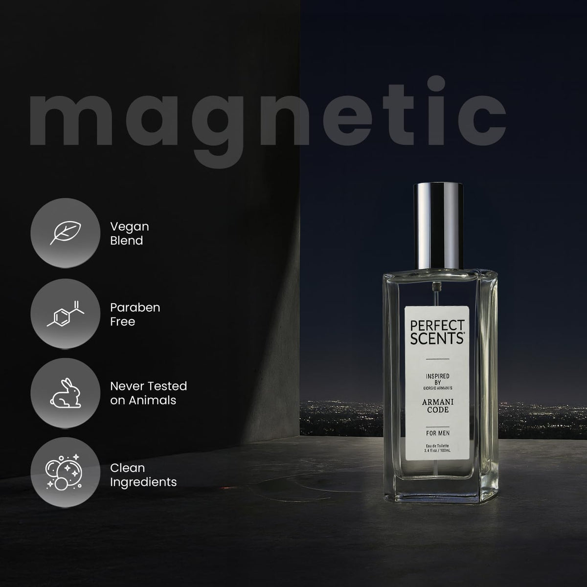 Perfect Scents sea salt note evokes coastal freshness on a sleek bottle.