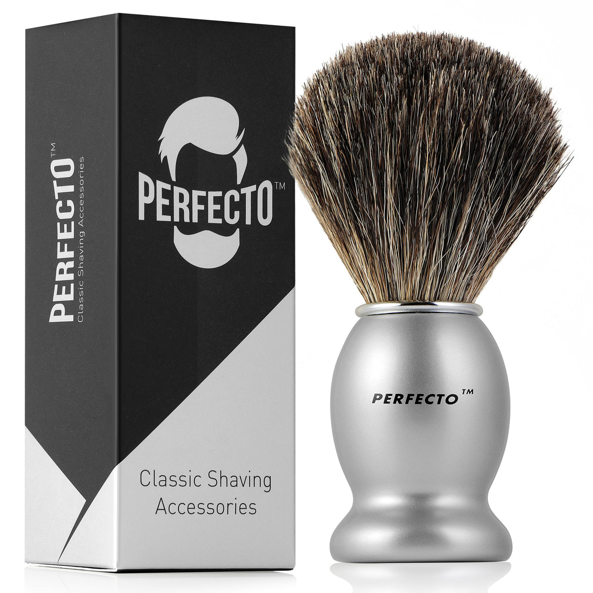 Perfecto badger shaving brush with 100% hair bristles delivers rich, creamy lather.