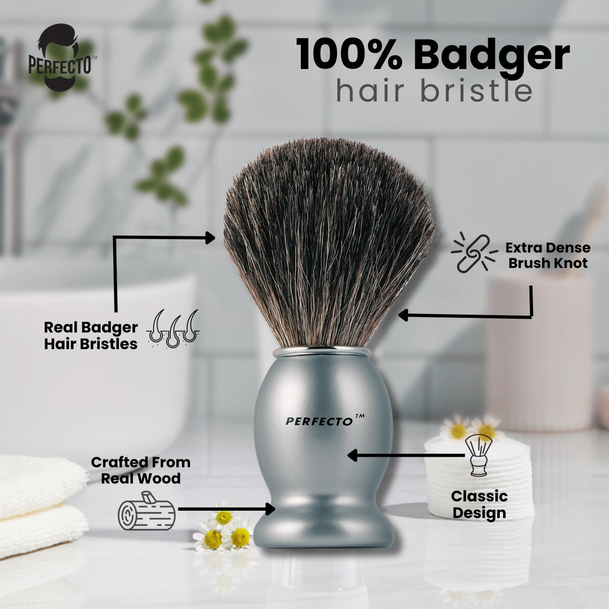 Perfecto badger brush with walnut handle offers comfortable grip for precise grooming.