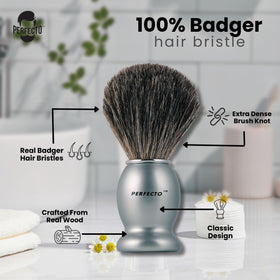 Perfecto badger brush with walnut handle offers comfortable grip for precise grooming.