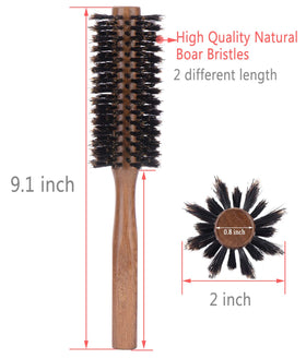 PERFEHAIR boar bristle round brush wood handle in use for styling.