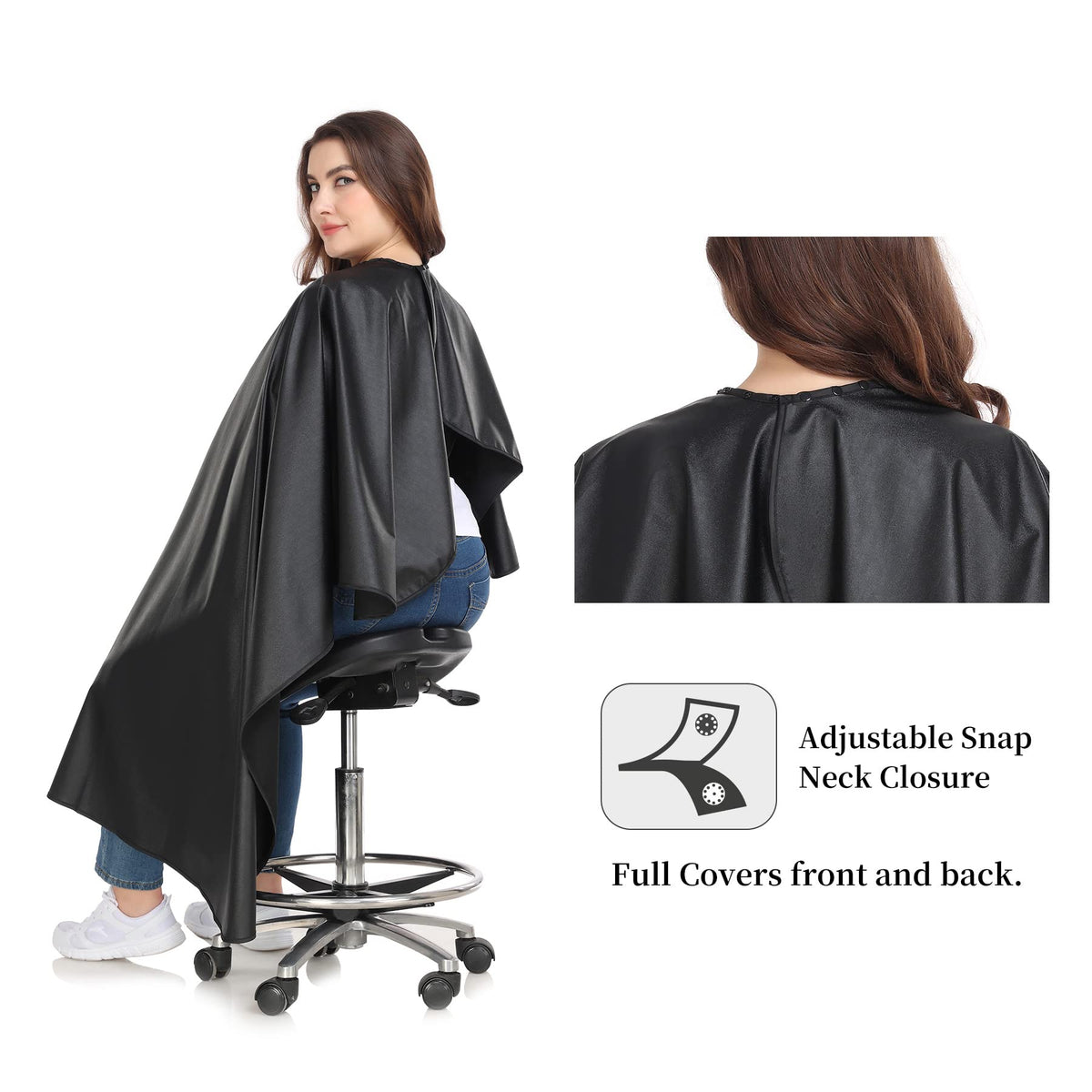 PERFEHAIR color cape draped on model demonstrates full-body coverage during color and highlight sessions.