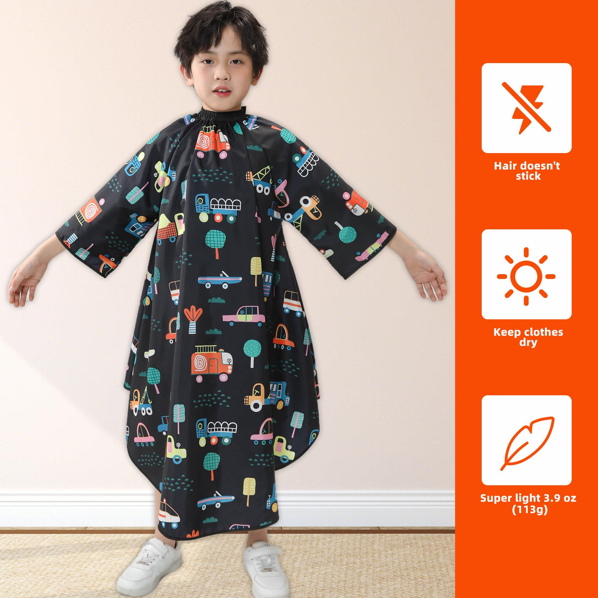 PERFEHAIR Kids Haircut Cape with Sleeves provides full arm coverage for playful kids