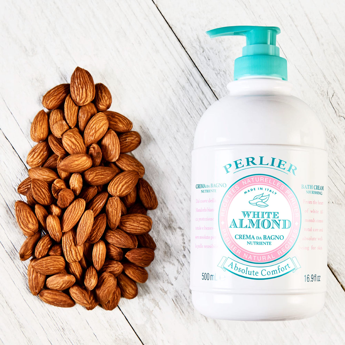 Perlier almond fragrance closeup, delicate scent enhancing shower ritual.