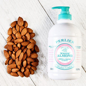 Perlier almond fragrance closeup, delicate scent enhancing shower ritual.