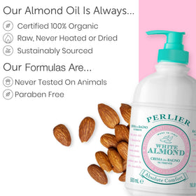 Perlier Italian almond oil closeup highlighting nourishing oil for skin.