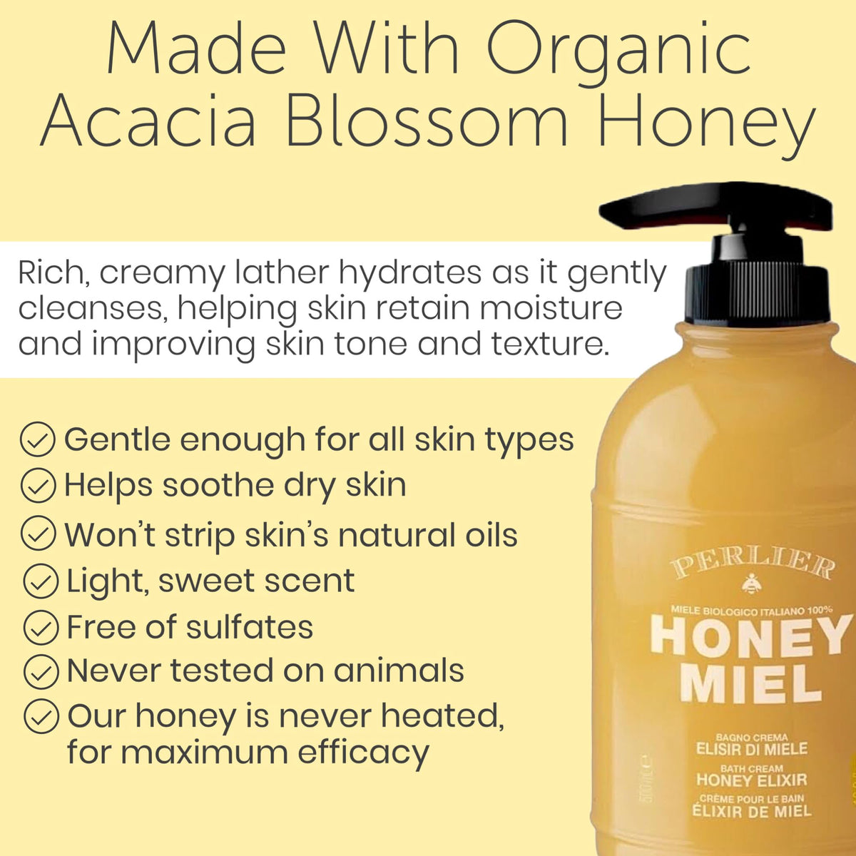 Close view of rich foamy lather from Perlier Honey Miel for shower or bath.