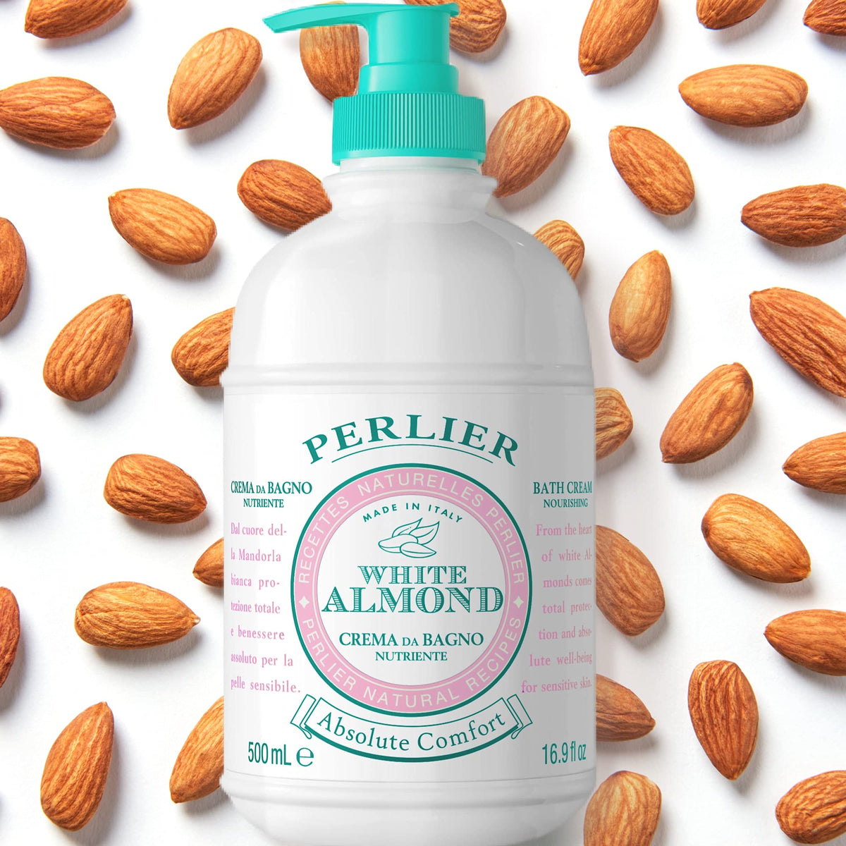 Perlier White Almond after-use skin glow and comfort.