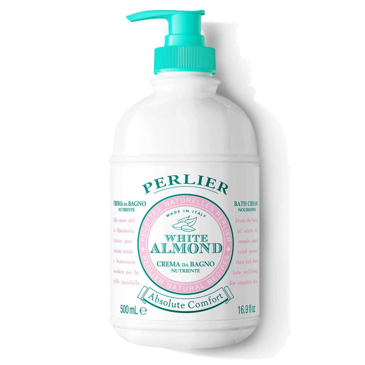 Perlier White Almond Bath Cream bottle, gentle cleansing and deep hydration for delicate skin.