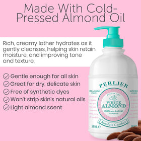 Perlier White Almond Bath Cream texture closeup showing velvety lather and moisture.