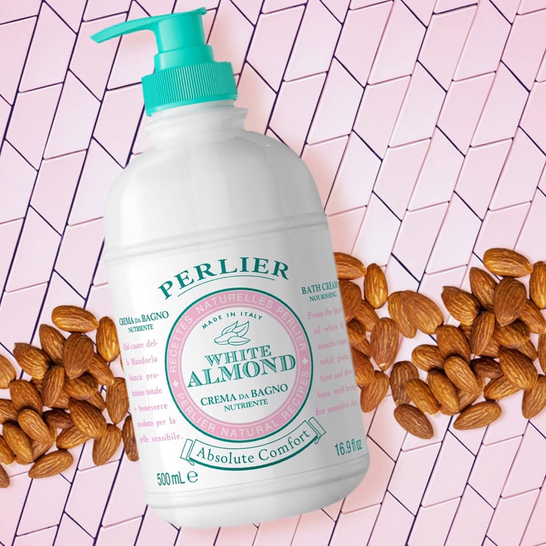 Perlier White Almond foam closeup, gentle cleansing for sensitive skin.