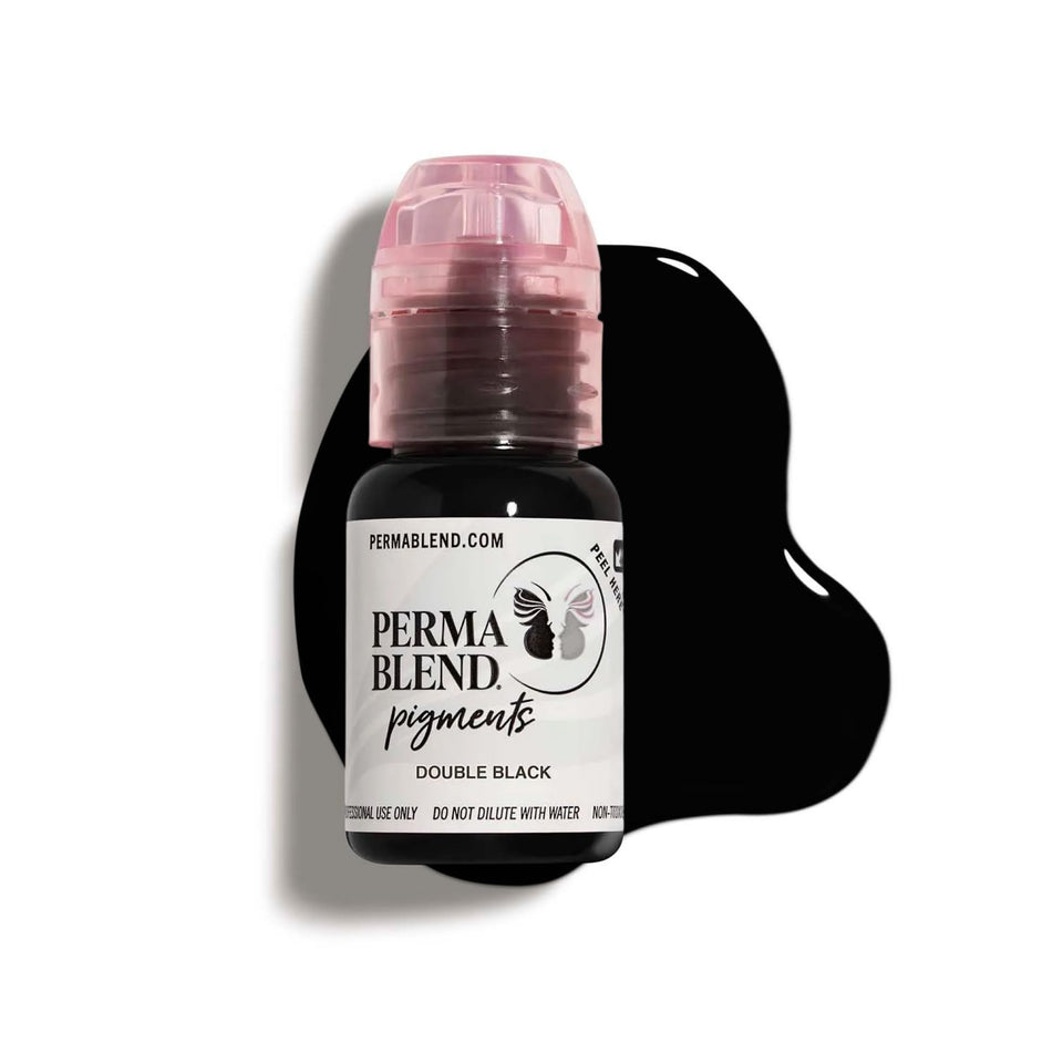 Perma Blend Double Black bottle label shows durable vegan ink for eyeliner