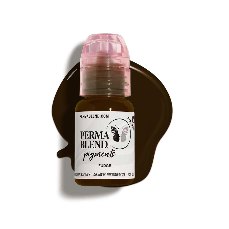 Perma Blend Fudge bottle with pour spout showing precise eyeliner use