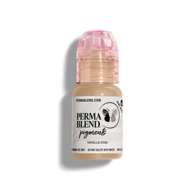 Perma Blend Vanilla Chai ink bottle close-up highlighting vegan, high-pigment formula for neutral skin tones