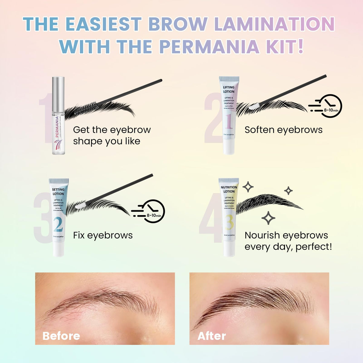PERMANIA brow lamination kit offers lash lift option to curl lashes with neat brows.