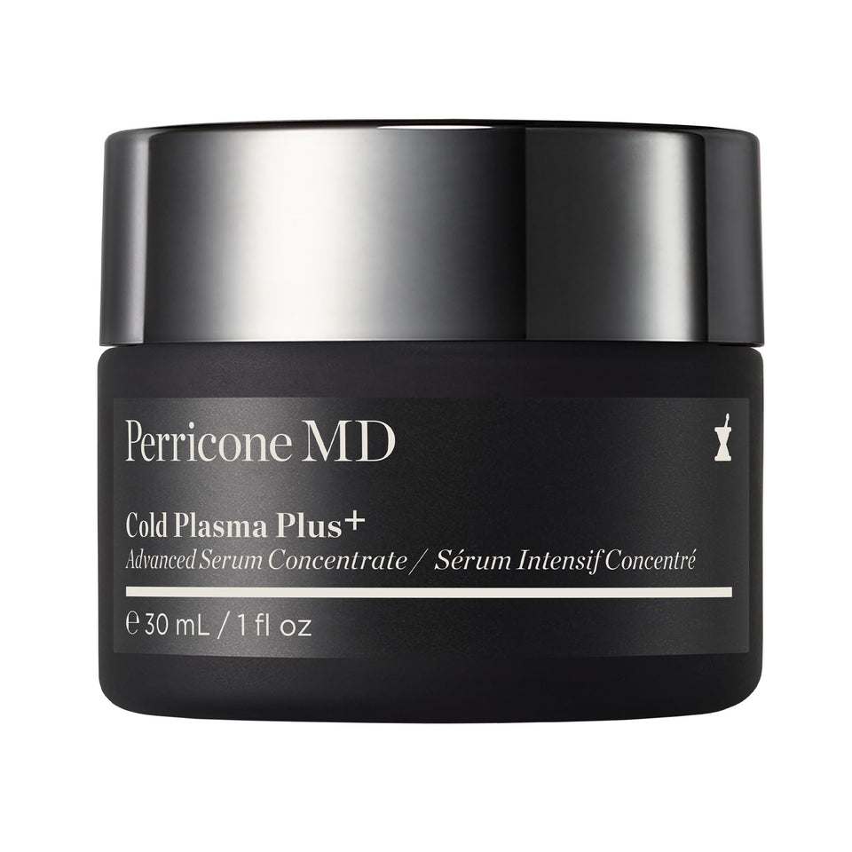 Perricone MD Cold Plasma Plus+ bottle visualizes radiance-boosting serum for even skin tone.