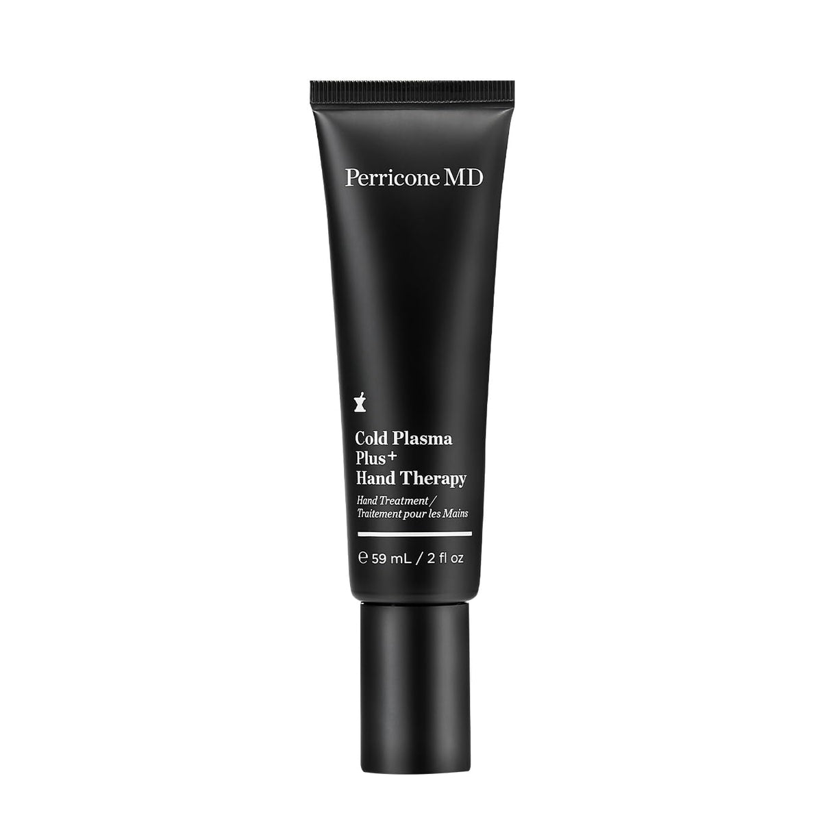 Perricone MD Cold Plasma Plus+ Hand Therapy bottle close-up highlighting hydrating formula.