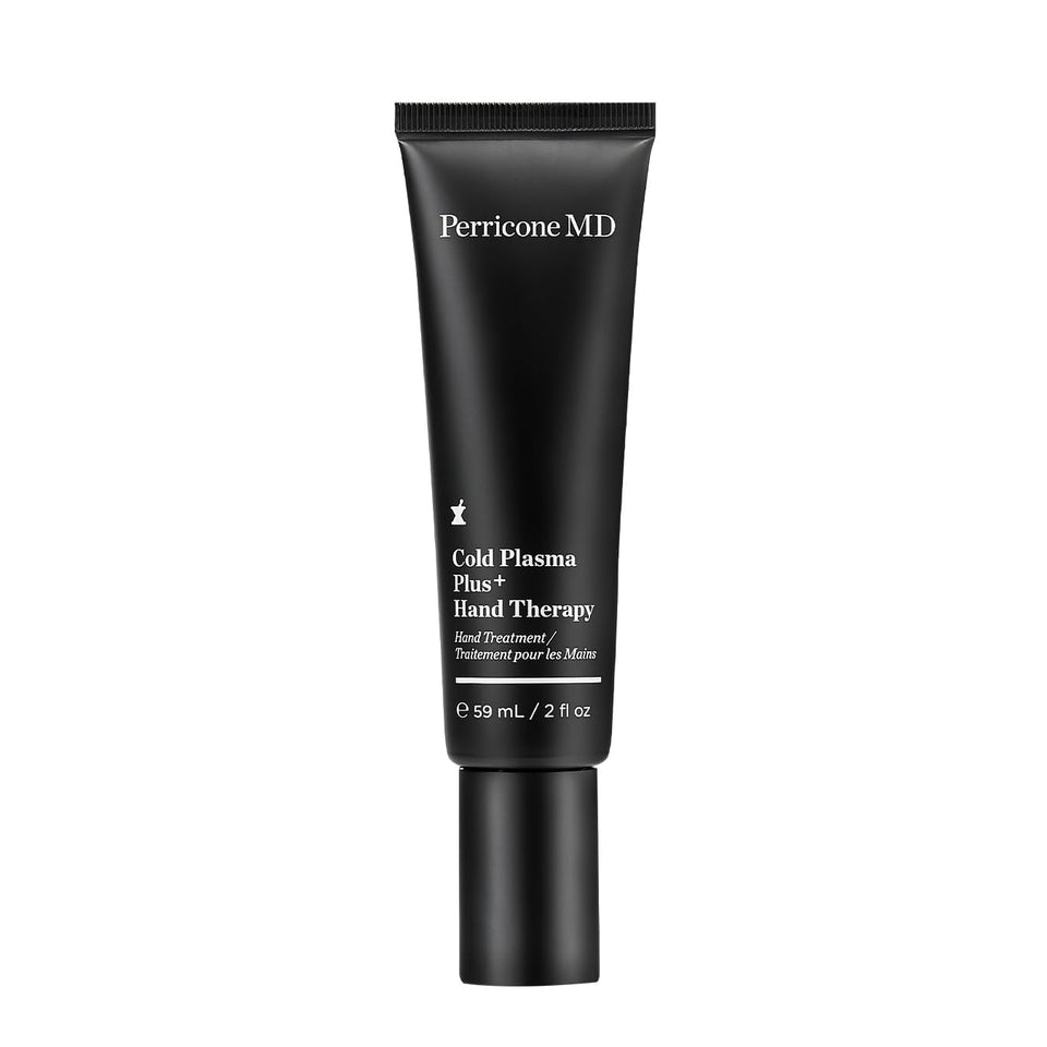 Perricone MD Cold Plasma Plus+ Hand Therapy bottle close-up highlighting hydrating formula.