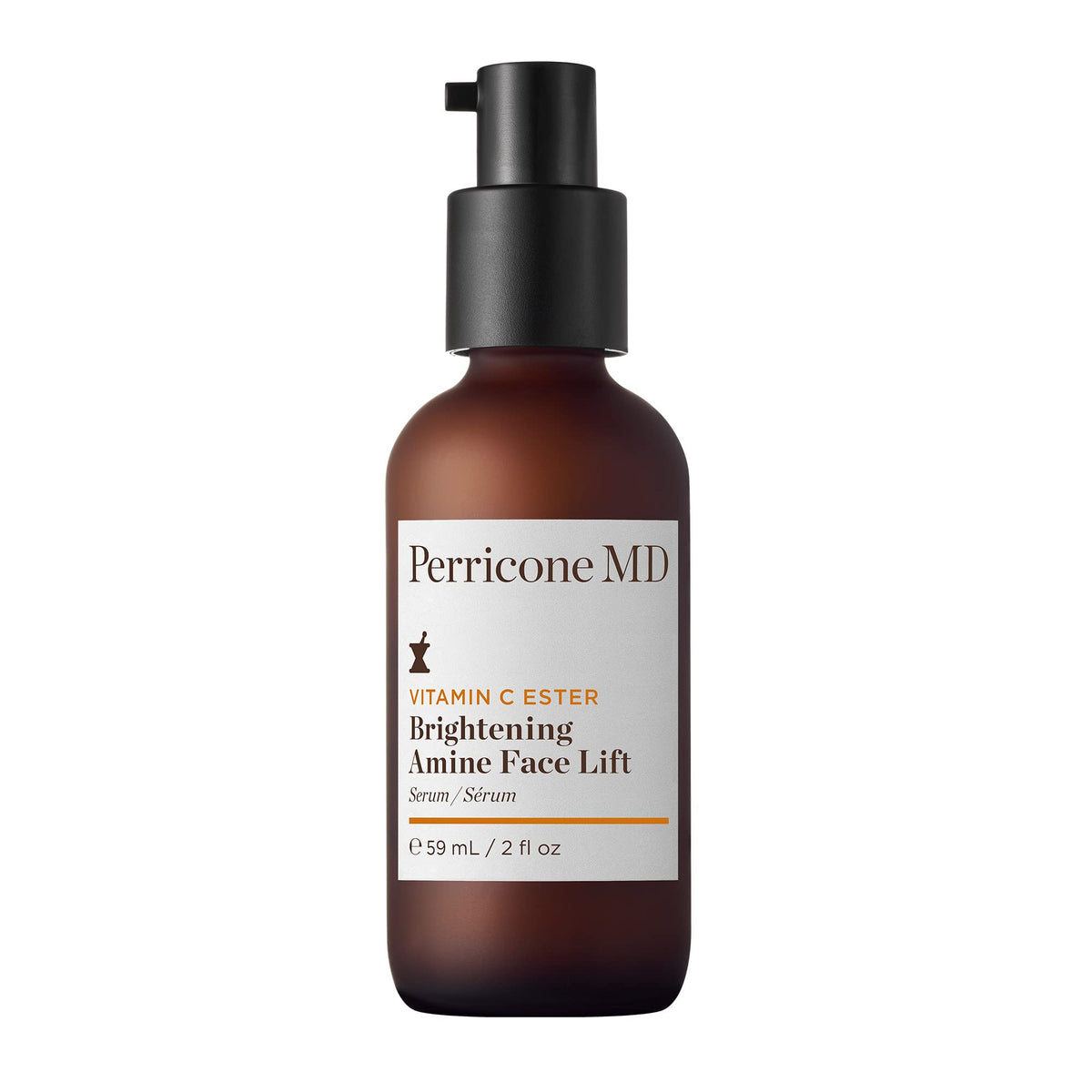 Perricone MD Vitamin C Ester Brightening Amine Face Lift bottle highlights brightening and hydration.