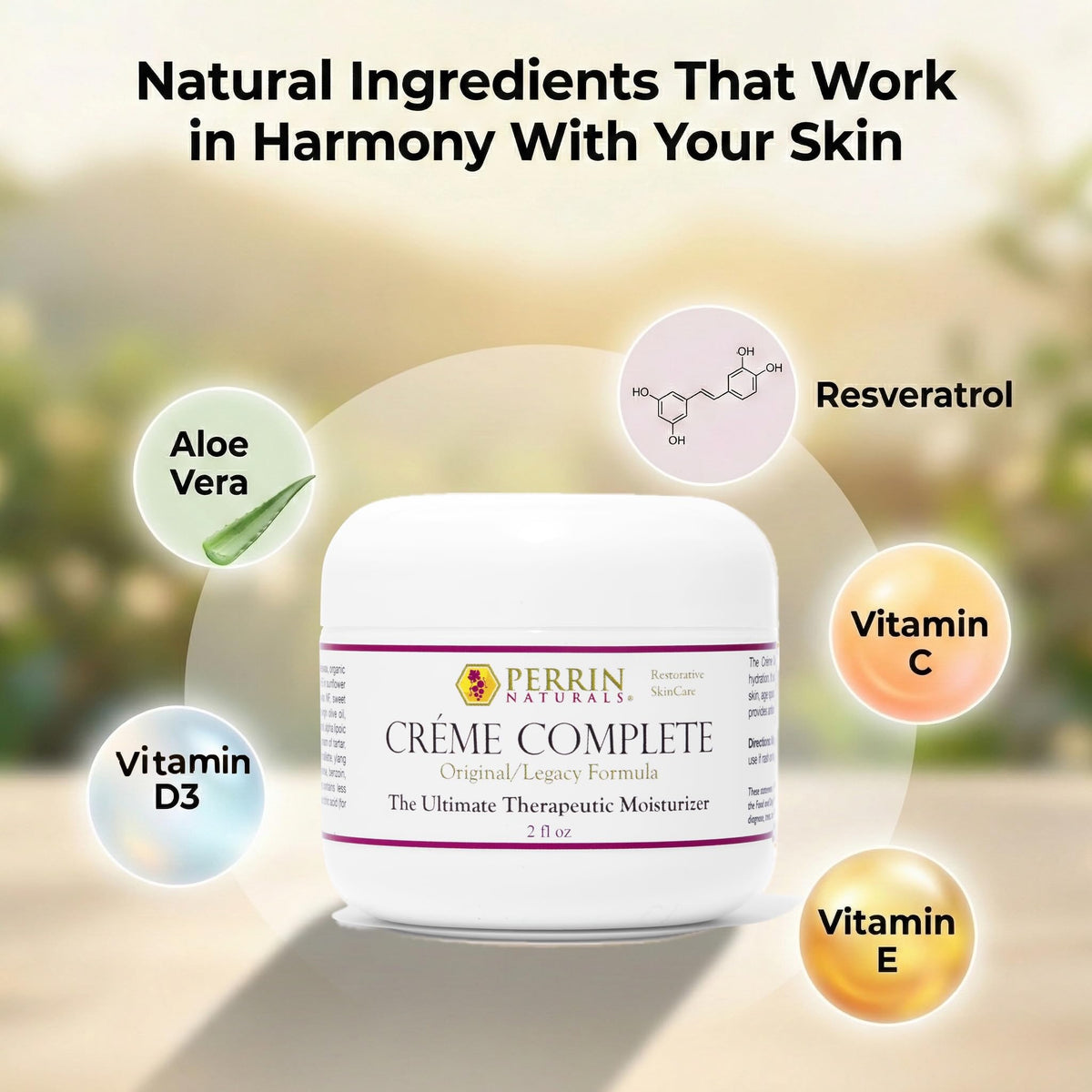 Perrin Naturals Creme Complete natural ingredients including aloe and vitamins.