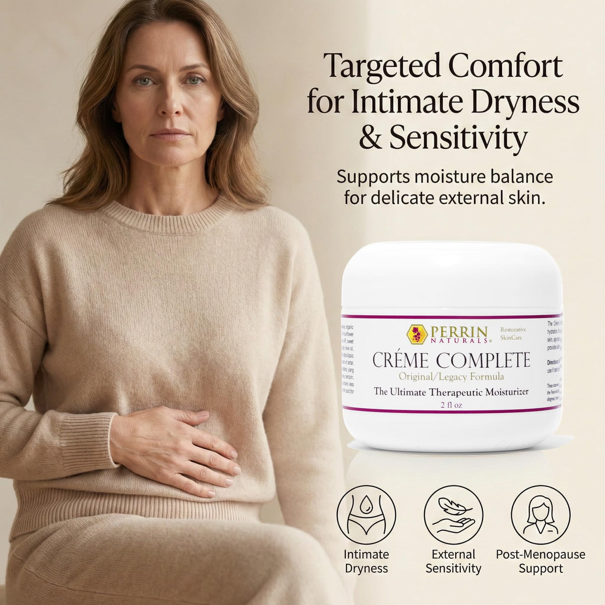 Perrin Naturals Creme Complete packaging emphasizes purity and eco-friendly design.