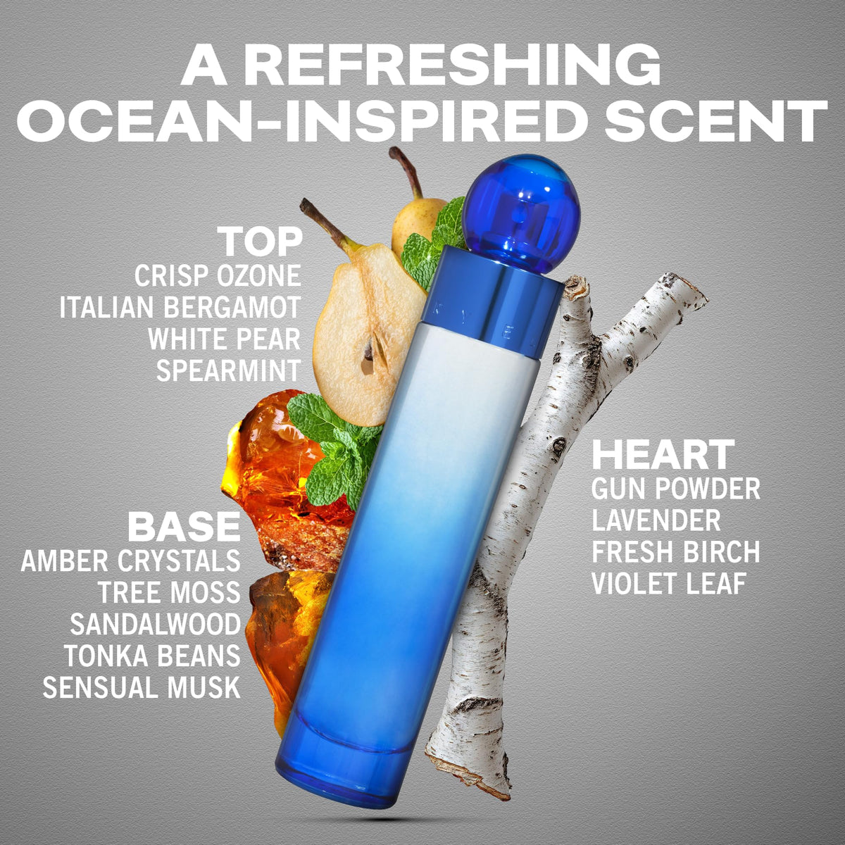 Perry Ellis 360 Very Blue spray captures grapefruit and bergamot opening energy.