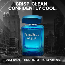 Perry Ellis Aqua bottle angle view highlights modern, versatile scent