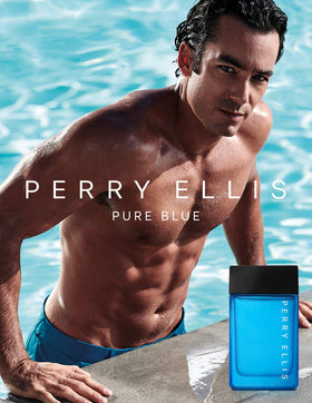 Perry Ellis Pure Blue bottle tilted showcases sleek glass and refreshing scent mood.