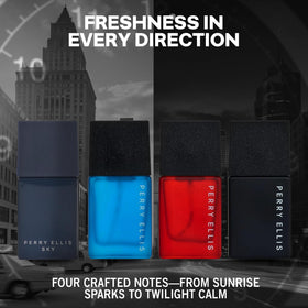 Perry Ellis Sky bottle pour, versatile citrus and aquatic notes for daily wear.
