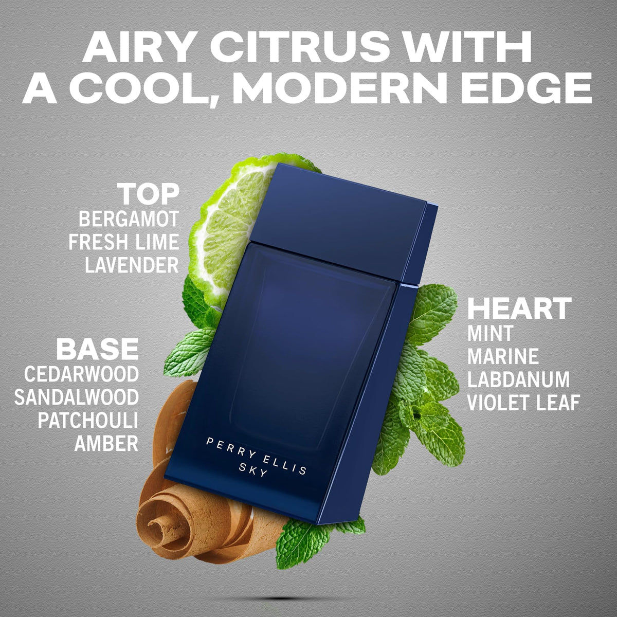 Perry Ellis Sky EDT angled bottle showing marine-woody versatility