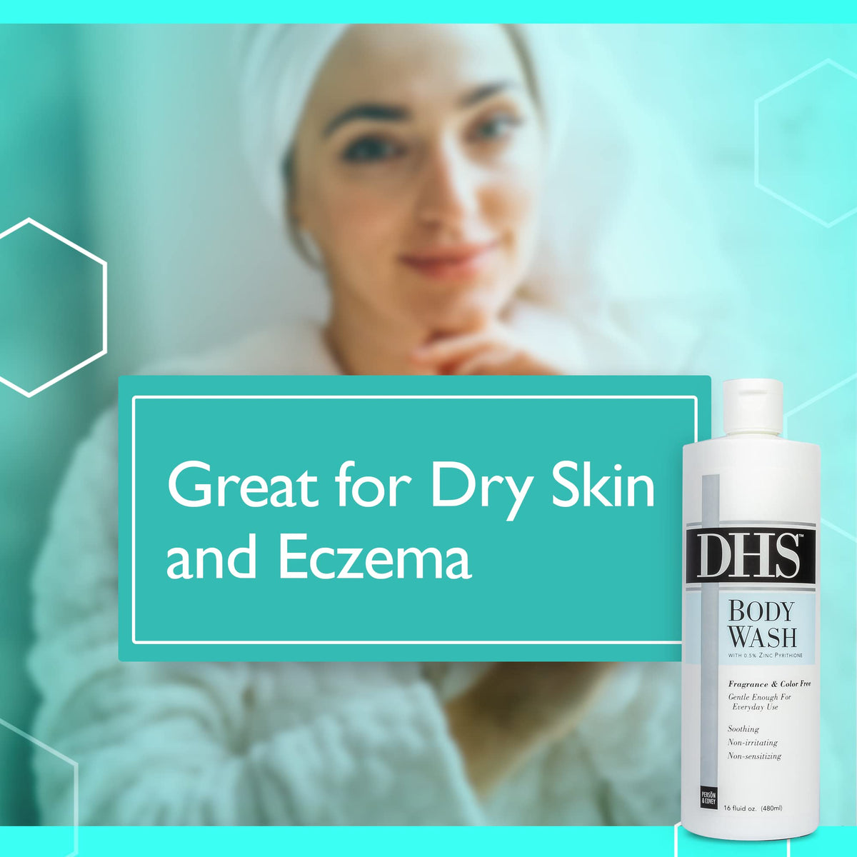 Person & Covey DHS Body Wash in use with smooth, daily cleansing.