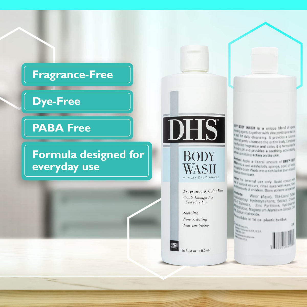 Person & Covey DHS Body Wash foam lather delivering a soothing clean for dry skin.