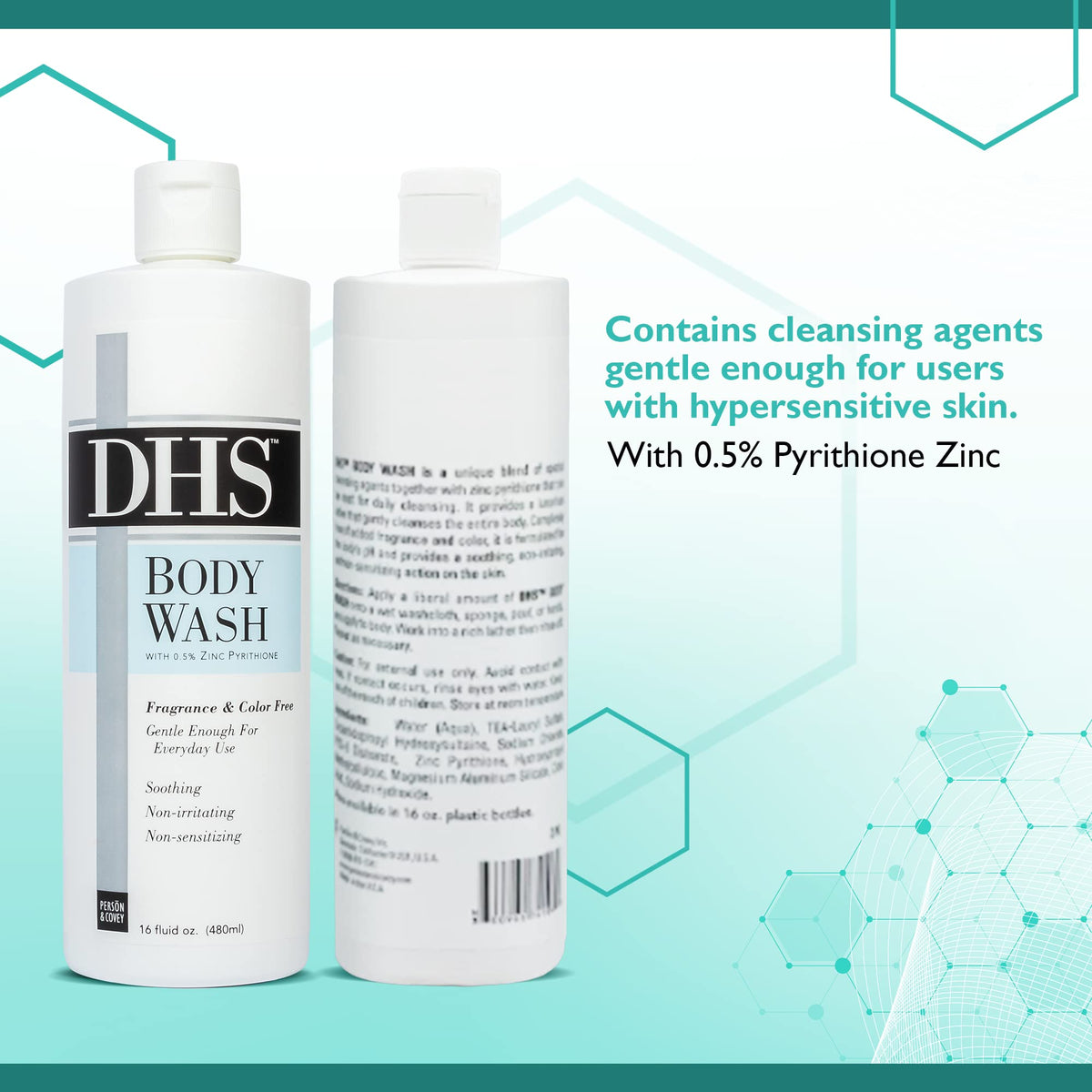 Person & Covey DHS Body Wash unscented label indicating irritant-free formula for delicate skin.