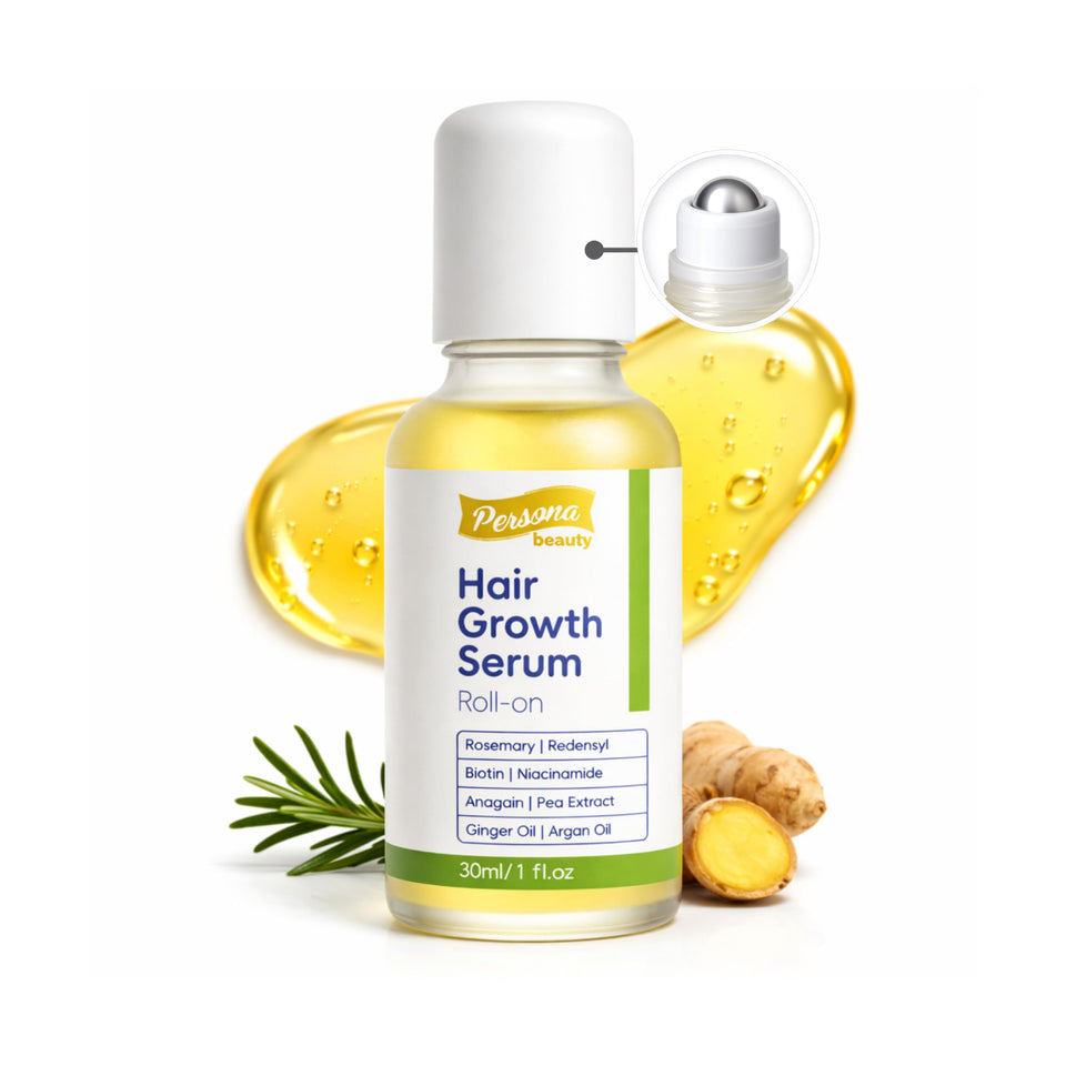 Persona Beauty Hair Growth Serum Roll-On packaging shows a compact travel-friendly design for on-the-go scalp care.