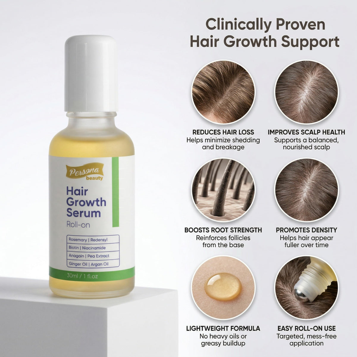 Persona Beauty roll-on roller-tip closeup highlights precise mess-free application at the scalp.