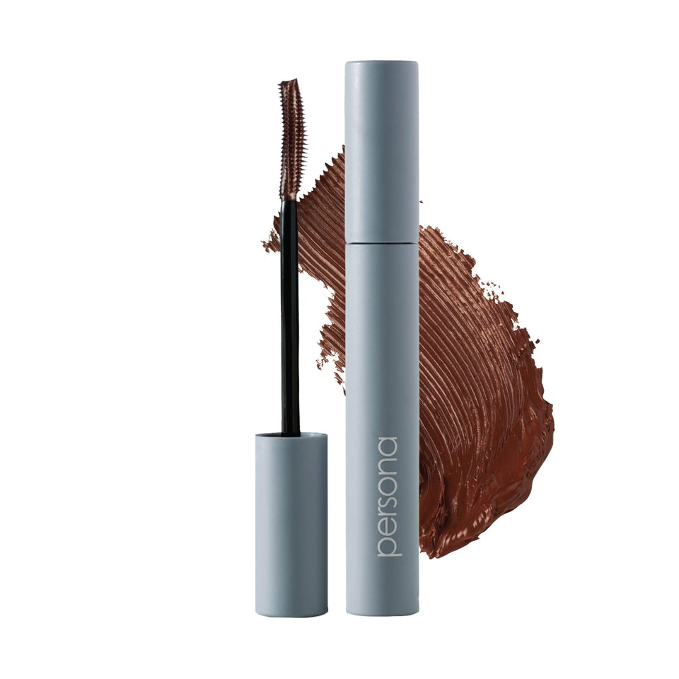 PERSONA Volumizing Brown Tubing Mascara packaging highlights easy warm-water removal.