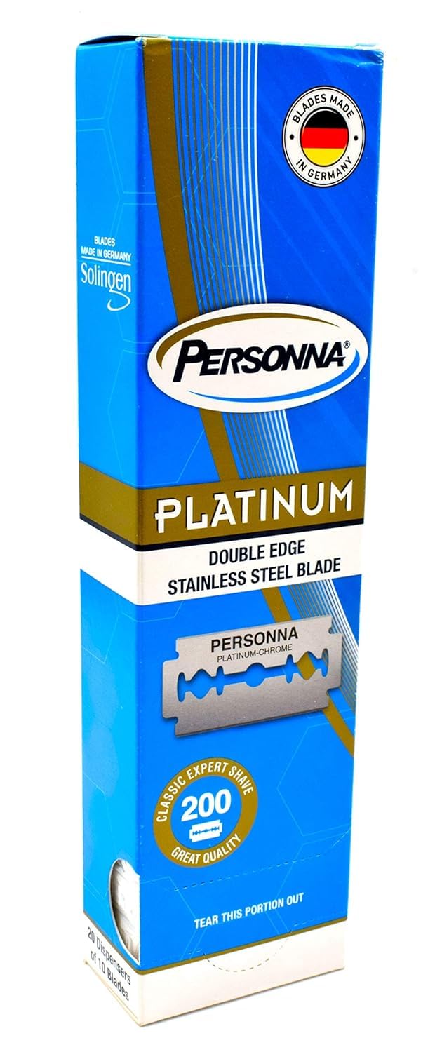 Personna Platinum double edge blades pack front, ready for extended shaves and value.