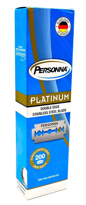 Personna Platinum double edge blades pack front, ready for extended shaves and value.