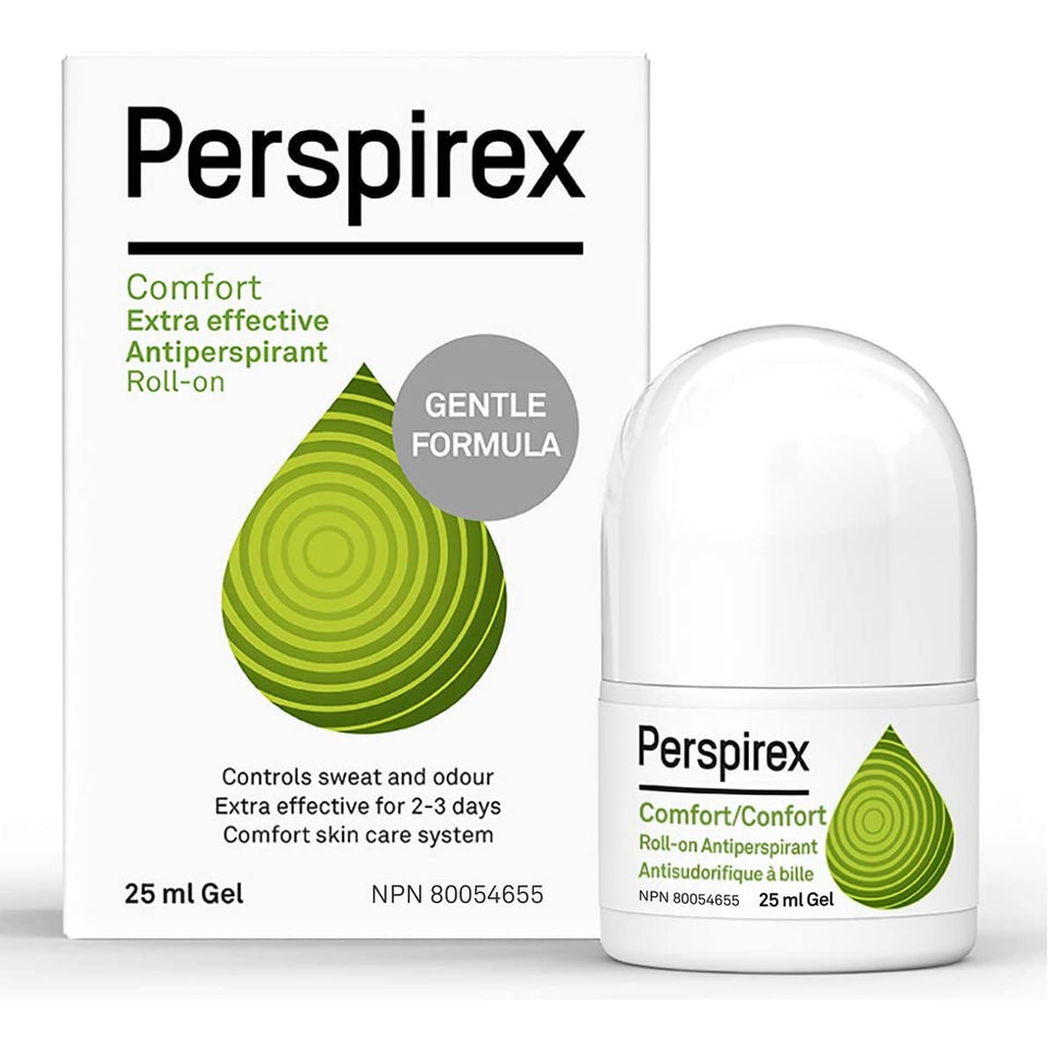 Perspirex Comfort roll-on bottle showing long-lasting protection against sweat and odour.