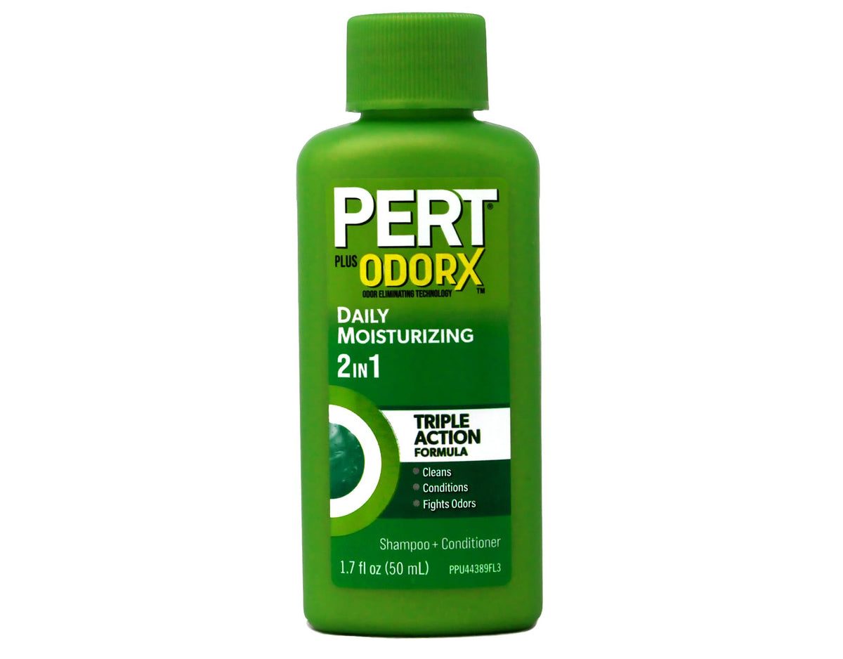 Pert Plus 2in1 shampoo bottle front view, travel-friendly packaging.