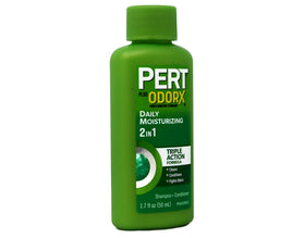 Pert Plus 2in1 shampoo bottle pouring, simple one-step cleanse.