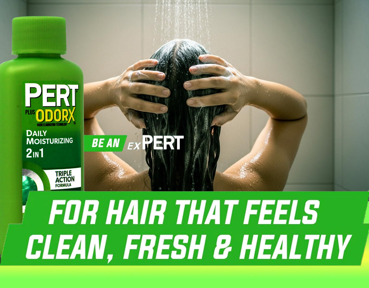Pert Plus 2in1 shampoo shelf display, family-friendly packaging.
