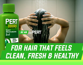 Pert Plus 2in1 shampoo shelf display, family-friendly packaging.