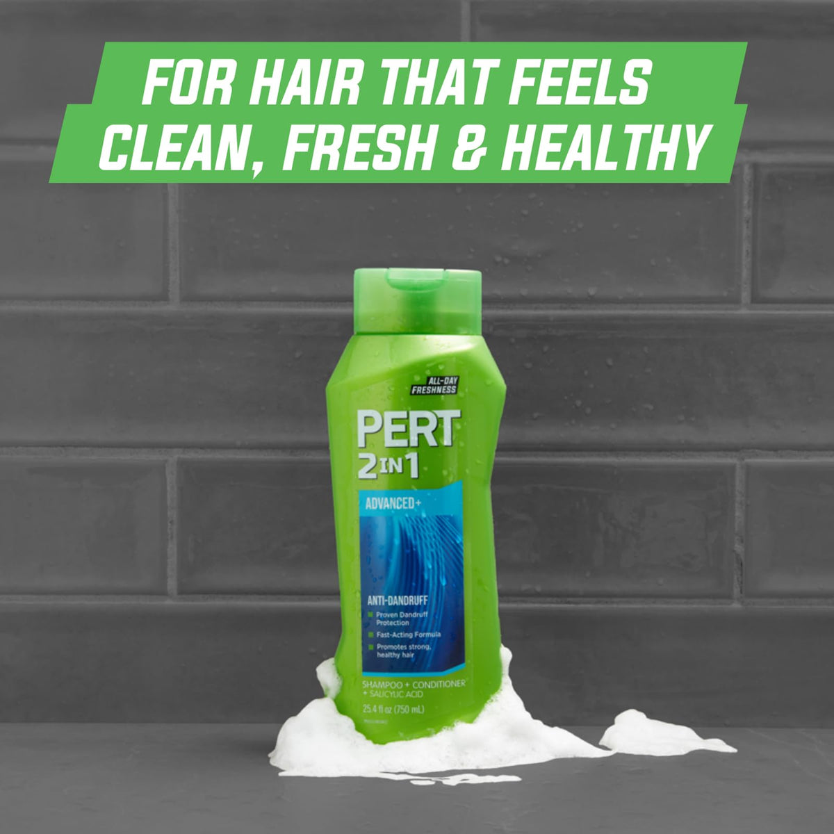 Pert Plus anti-dandruff shampoo lather highlights relief from flakes and itch.
